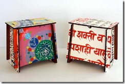 Zaishu seat / table with Rangoli pattern (left) Indian Sanskrit (right)