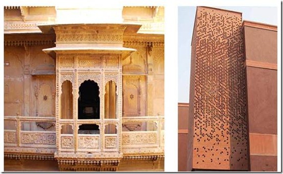 Left: Traditional Jharokha in Rajasthan built with stone, and Right showing a reinterpreted Jharokha made with GRC and abstract ornamentation