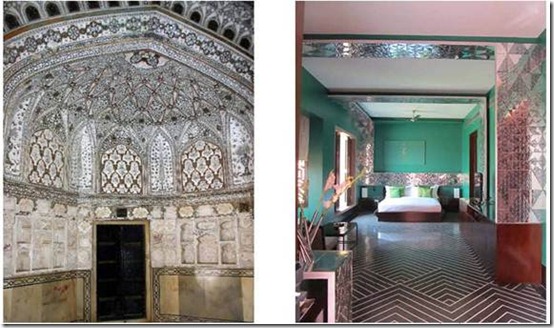 Left: Traditional usage of mirror work in Palaces of Rajasthan, and Right showing a reinterpreted usage of the mirror work as panels in the Suites of Devi Ratn.