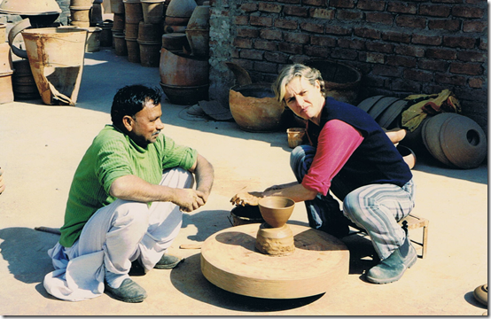 Giri Raj with Sandra Bowkett in the Delhi Potter's Village, 2002