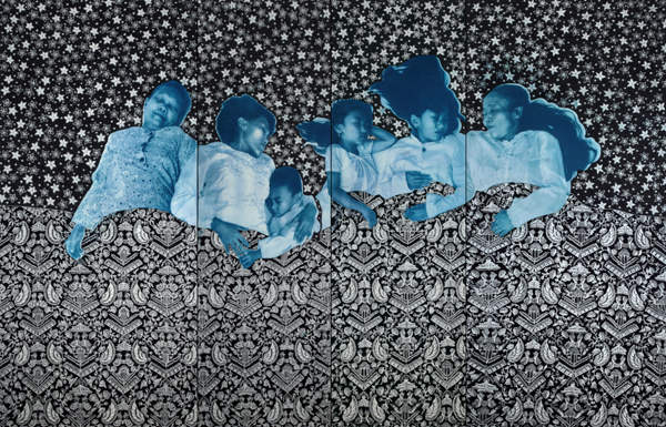 KEY BATIK MOTIF: Semen Romo; medium: Cyanotype, beeswax, natural color dye on cotton; 350 x 250 cm